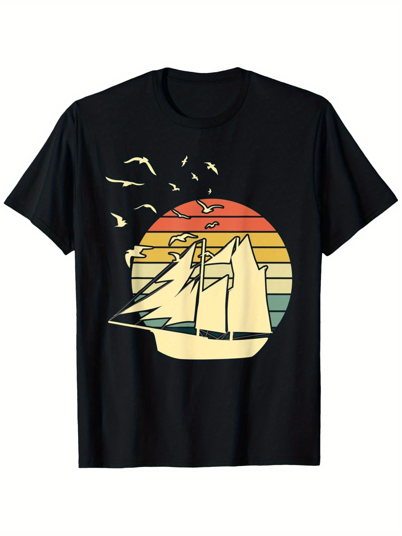 Men's Graphic T-Shirt Sunset Horizon With Soaring Birds Over Majestic Sailing Ship