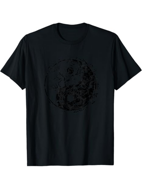 Men's Graphic T-Shirt Distressed Black Ink Circle With Ancient Yin Yang Symbol