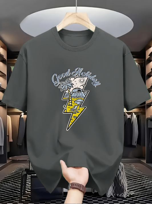 Men's Graphic T-Shirt Good Holiday Doodle Sketch With Cartoon Lightning Bolt And Storm Cloud