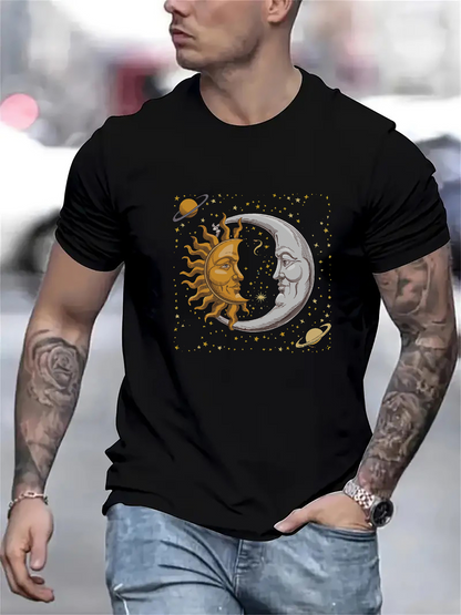 Men's Graphic T-Shirt Celestial Harmony With Shining Stars Sun And Crescent Moon