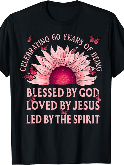 Men's Graphic T-Shirt Celebrating Sixty Years With Pink Sunflower Butterflies And Inspirational Text Flower
