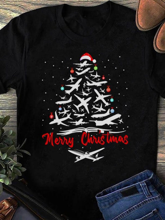 Women's Graphic T-Shirt Merry Christmas Colorful Airplanes Shaped As Festive Holiday Winter Tree