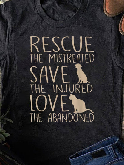 Women's Graphic T-Shirt Rescue Save Love Silhouetted Canine And Feline With Kind Message