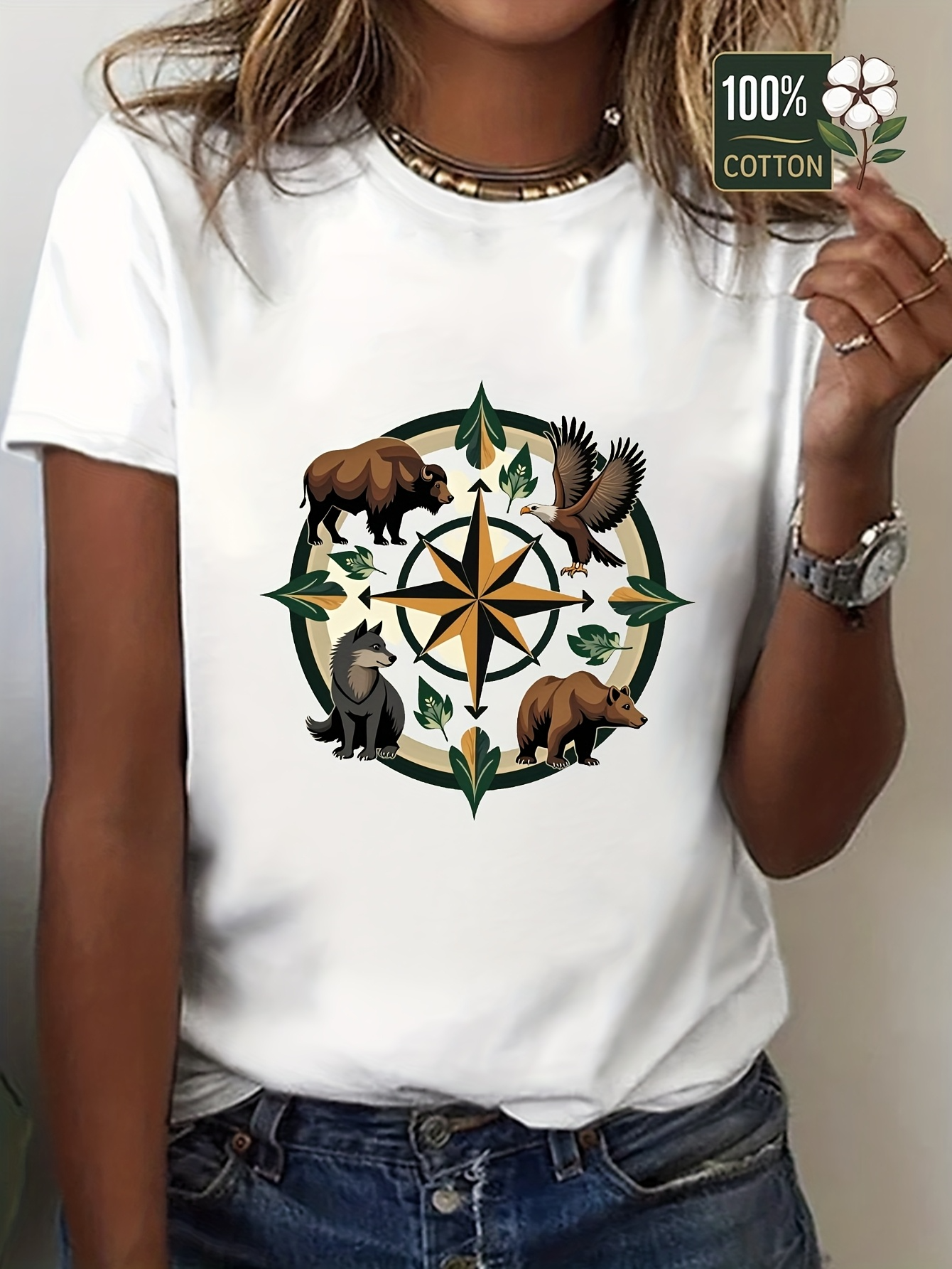 Men's Graphic T-Shirt Wildlife Surrounded By Compass With Green Leaves Bear