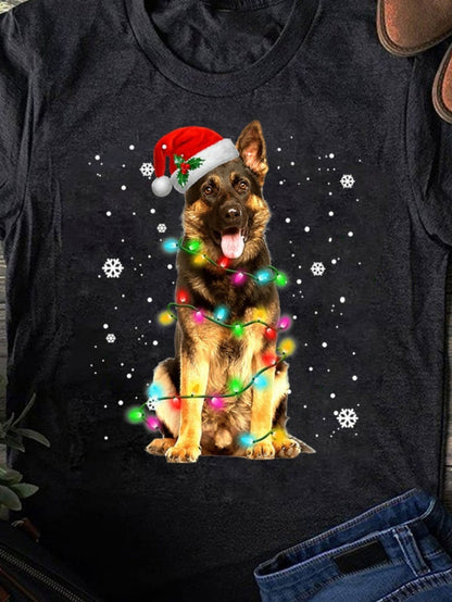 Women's Graphic T-Shirt Festive Holiday Snow Scene With Colorful Lights German Shepherd Dog