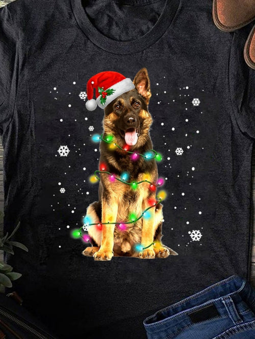 Women's Graphic T-Shirt Festive Holiday Snow Scene With Colorful Lights German Shepherd Dog