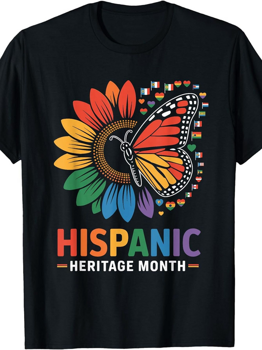 Men's Graphic T-Shirt Hispanic Heritage Month Colorful Petals And Flags With Vibrant Butterfly