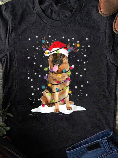 Women's Graphic T-Shirt Cute Festive Lights Wrapped German Shepherd Under Falling Snow