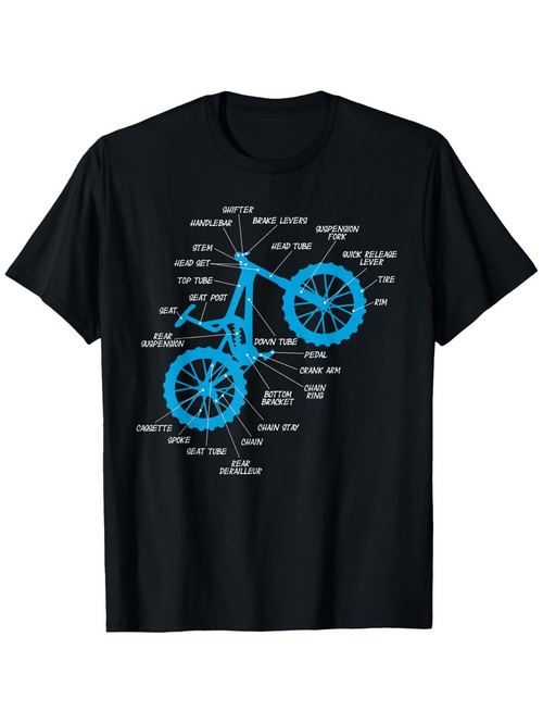 Men's Graphic T-Shirt Labeled Mechanical Parts Diagram With Blue Lines Bicycle
