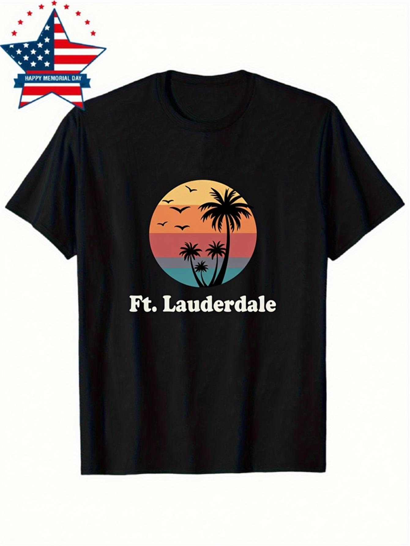 Men's Graphic T-Shirt Ft Lauderdale Sunset Sky With Flying Birds Silhouetted Palm Trees