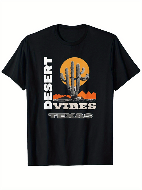 Men's Graphic T-Shirt Desert Vibes Texas With Saguaro Cactus At Sunset And Rocky Terrain