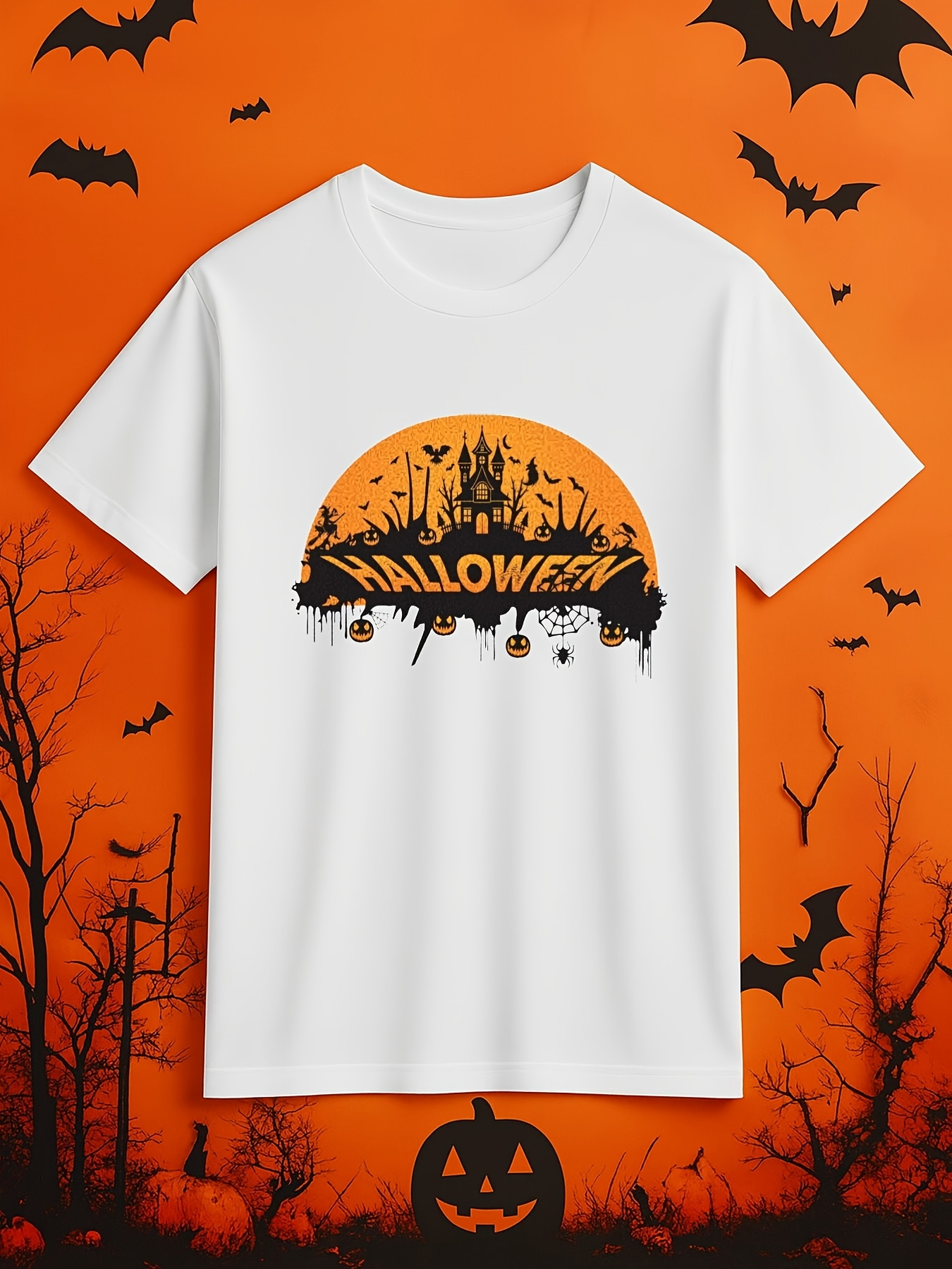 Men's Graphic T-Shirt Halloween Haunted Castle With Flying Bats Jack O Lanterns And Spooky Moon