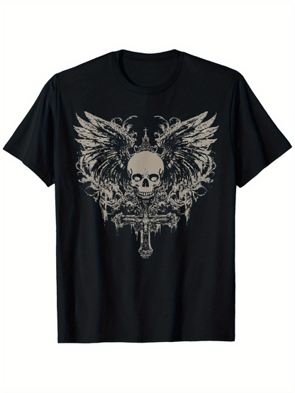 Men's Graphic T-Shirt Dark Angelic Wings Surrounding Skull With Ornate Cross Design