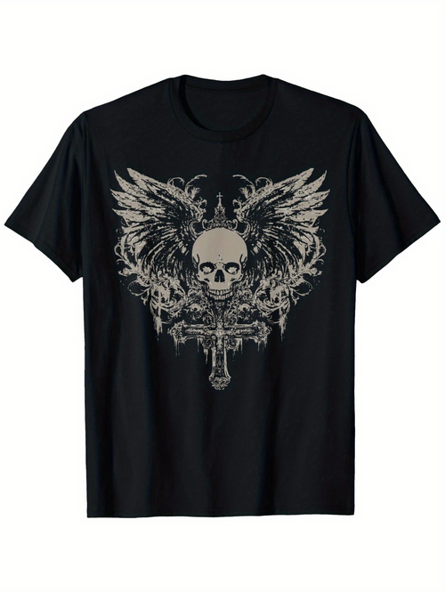 Men's Graphic T-Shirt Dark Angelic Wings Surrounding Skull With Ornate Cross Design
