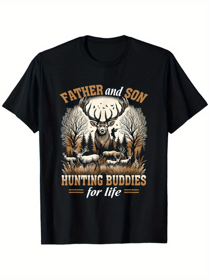 Men's Graphic T-Shirt Father And Son Among Majestic Forest Deer Trees And Hunting Buddies Scene