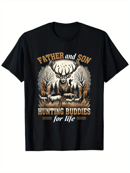 Men's Graphic T-Shirt Father And Son Among Majestic Forest Deer Trees And Hunting Buddies Scene