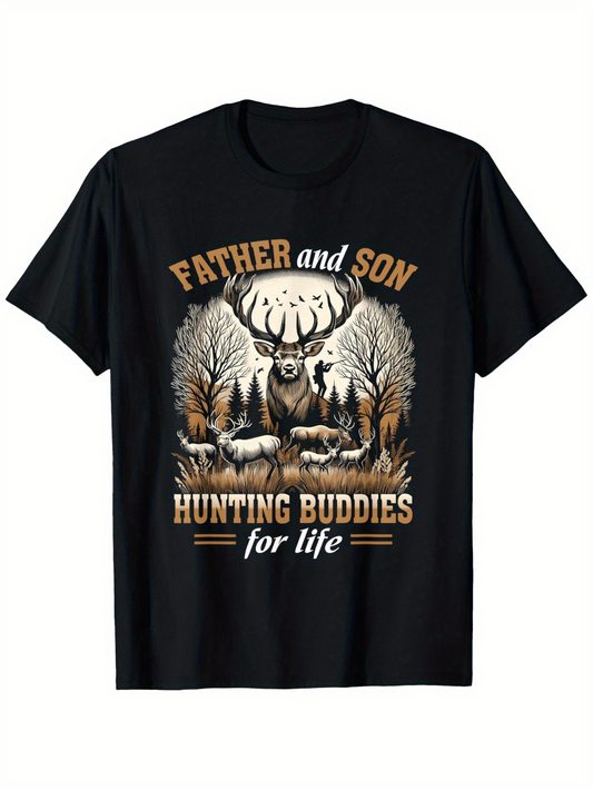 Men's Graphic T-Shirt Father And Son Among Majestic Forest Deer Trees And Hunting Buddies Scene