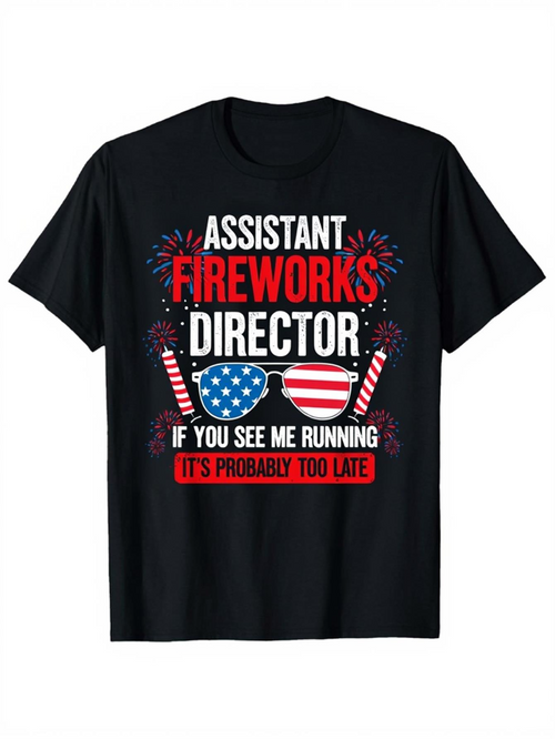 Men's Graphic T-Shirt Assistant Fireworks Director Sunglasses With American Flags And Fireworks