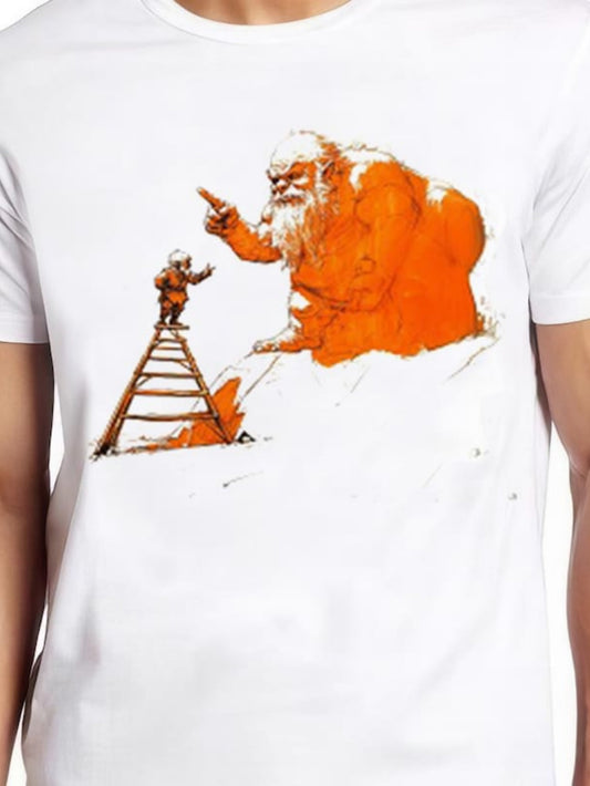 Men's Graphic T-Shirt Child On Ladder Reaching Toward A Large Orange Santa Claus Figure