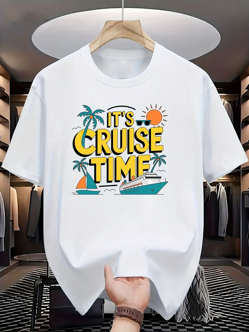 Men's Graphic T-Shirt Its Cruise Time Tropical Palms With Relaxing Ocean Sunset And Cruise Ship