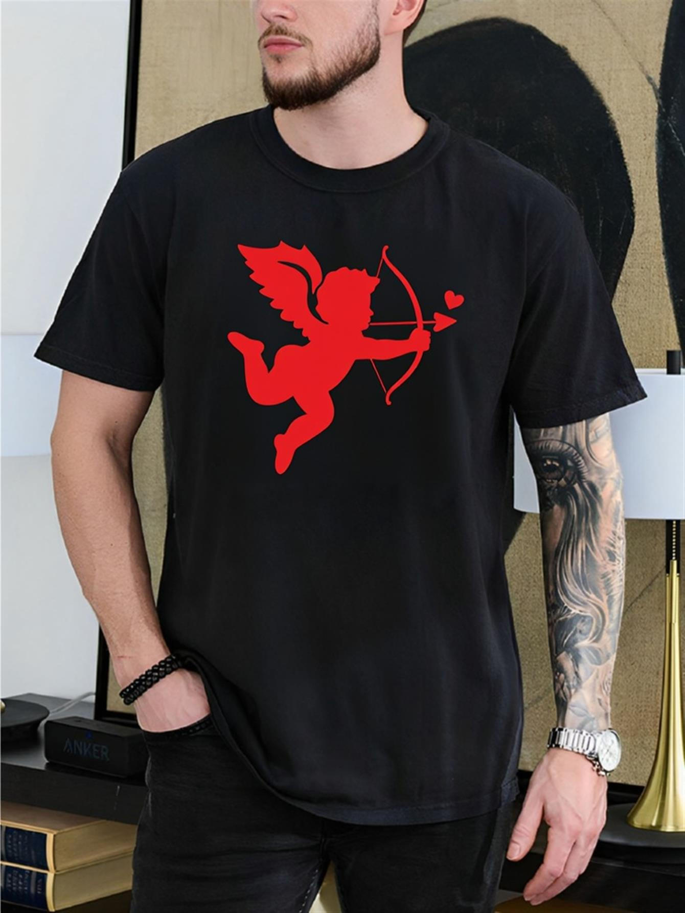 Men's Graphic T-Shirt Red Cupid Silhouette Shooting Heart Arrow On Black Shirt