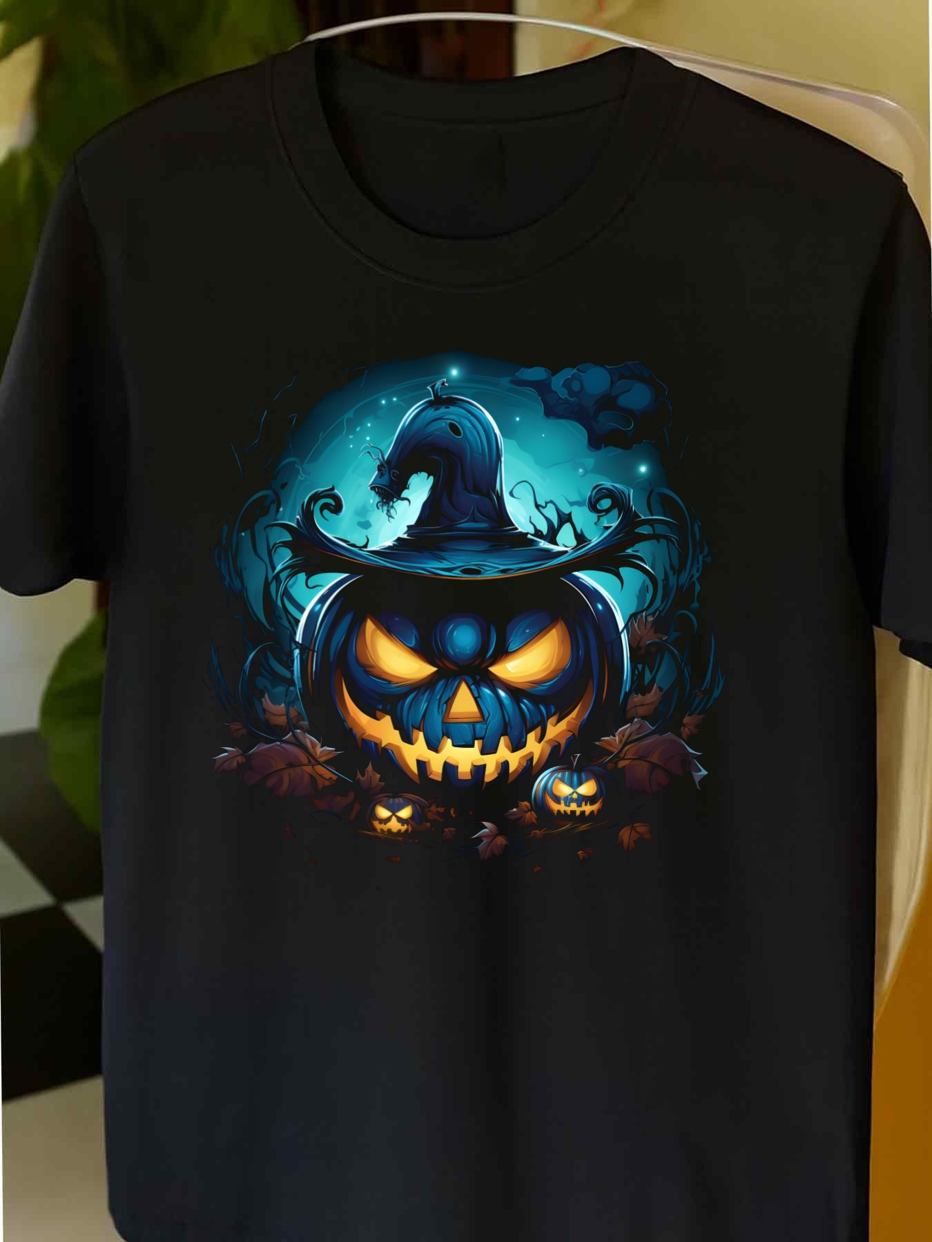 Men's Graphic T-Shirt Glowing Blue Night With Witch Hat Pumpkin Surrounded By Little Jack O Lanterns