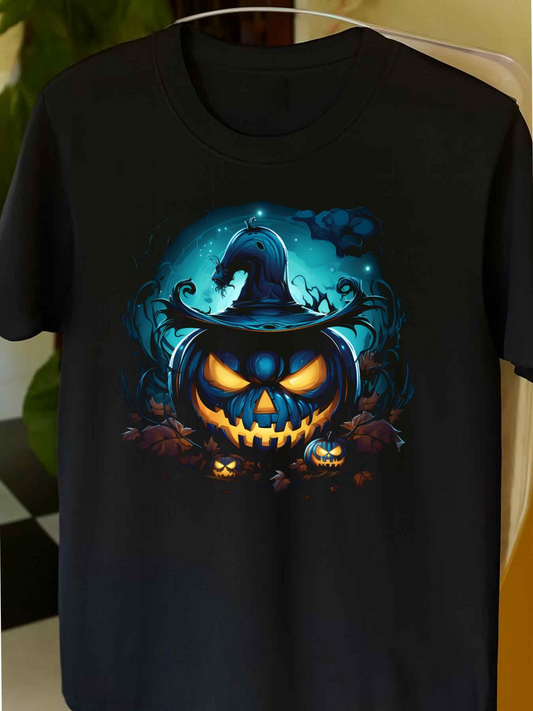 Men's Graphic T-Shirt Glowing Blue Night With Witch Hat Pumpkin Surrounded By Little Jack O Lanterns