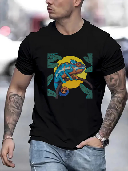 Men's Graphic T-Shirt Colorful Leaves And Sunlight Surrounding A Vibrant Chameleon