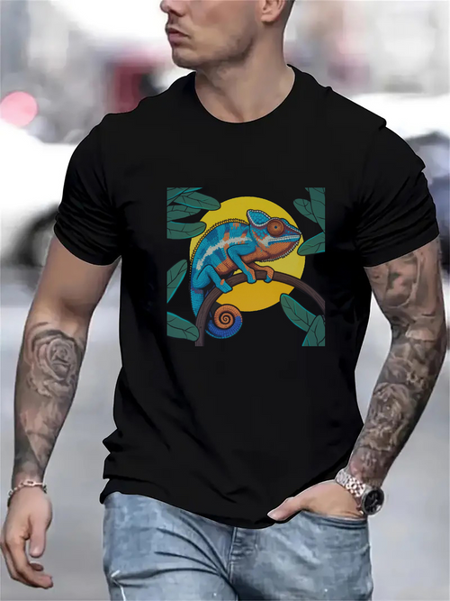 Men's Graphic T-Shirt Colorful Leaves And Sunlight Surrounding A Vibrant Chameleon