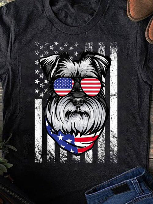 Women's Graphic T-Shirt Patriotic Sunglasses And Scarf On Schnauzer Dog With Grungy American Flag