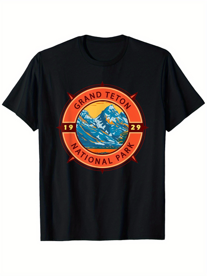 Men's Graphic T-Shirt Grand Teton National Park Emblem Vintage Mountain Sunrise Badge Design