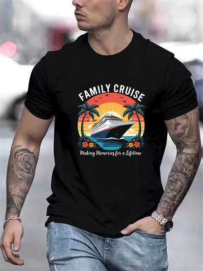 Men's Graphic T-Shirt Family Cruise Tropical Sunset Memories With Palm Trees Ocean Boat