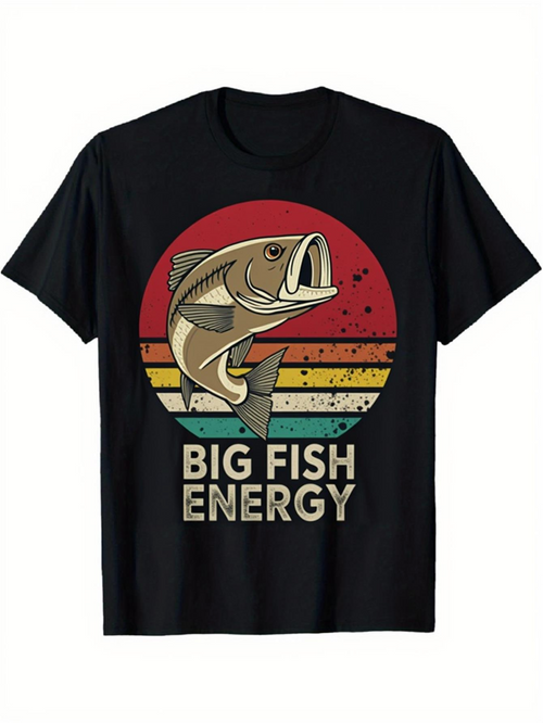 Men's Graphic T-Shirt Big Fish Energy Retro Striped Sunburst With Jumping Bass Fish