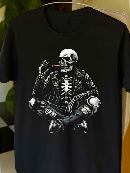 Men's Graphic T-Shirt Relaxed Skeleton In Leather Jacket With Cigarette On Black Tee