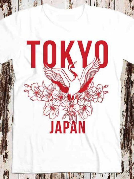 Men's Graphic T-Shirt Tokyo Japan Elegant Crane With Flowers Blooming With Delicate Petals
