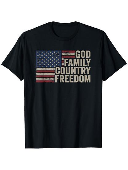 Men's Graphic T-Shirt God Family Country Freedom With Grunge American Flag Graphic Tee