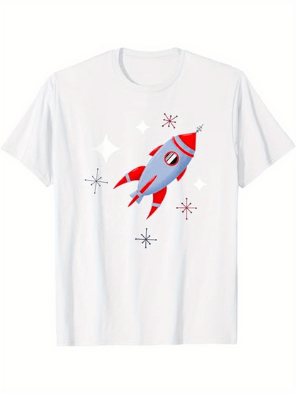 Men's Graphic T-Shirt Retro Red Accents With Whimsical Stars Featuring Playful Cartoon Rocket