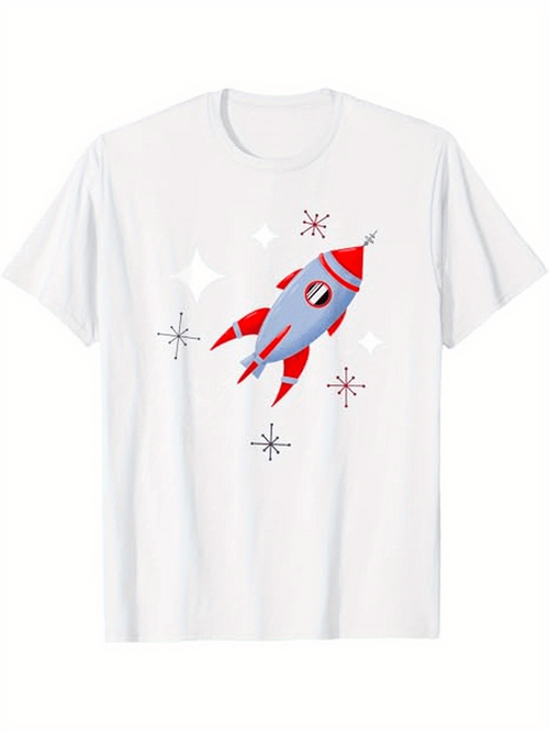 Men's Graphic T-Shirt Retro Red Accents With Whimsical Stars Featuring Playful Cartoon Rocket
