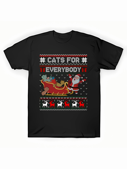 Men's Graphic T-Shirt Cats For Everybody Santa Sleigh With Festive Snowflakes And Joyful Cats