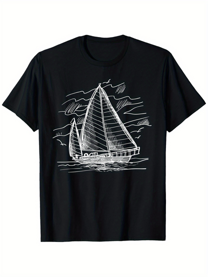Men's Graphic T-Shirt Hand Drawn Sketched Lines Over Calm Ocean Featuring Sailing Boat