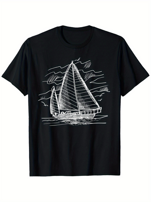 Men's Graphic T-Shirt Hand Drawn Sketched Lines Over Calm Ocean Featuring Sailing Boat