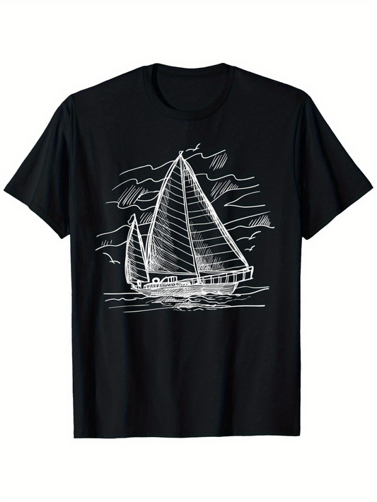 Men's Graphic T-Shirt Hand Drawn Sketched Lines Over Calm Ocean Featuring Sailing Boat