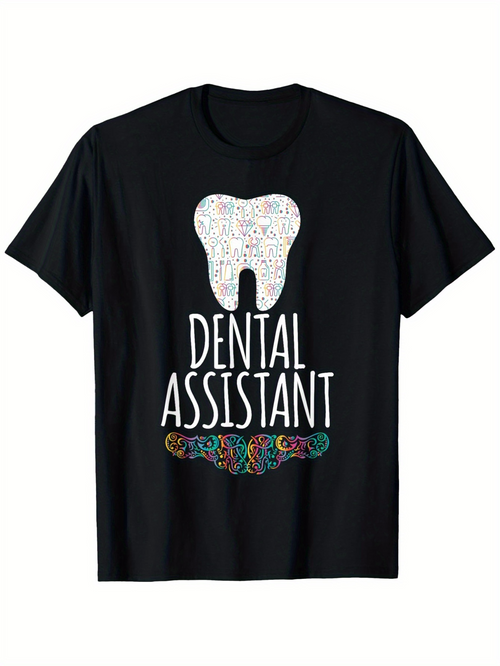 Men's Graphic T-Shirt Dental Assistant White Tooth With Colorful Patterned Swirls And Dental Tools
