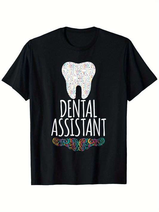 Men's Graphic T-Shirt Dental Assistant White Tooth With Colorful Patterned Swirls And Dental Tools