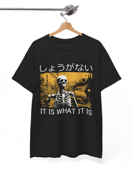 Men's Graphic T-Shirt It Is What It Is Grunge Yellow Background With Sassy Skeleton Print