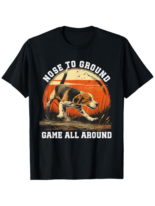 Men's Graphic T-Shirt Nose To Ground Sunset Landscape With Tall Grass And Hunting Beagle Dog