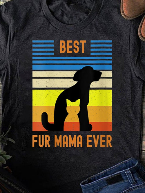Men's Graphic T-Shirt Best Fur Mama Ever Silhouette Dog And Cat On Striped Sunset Background