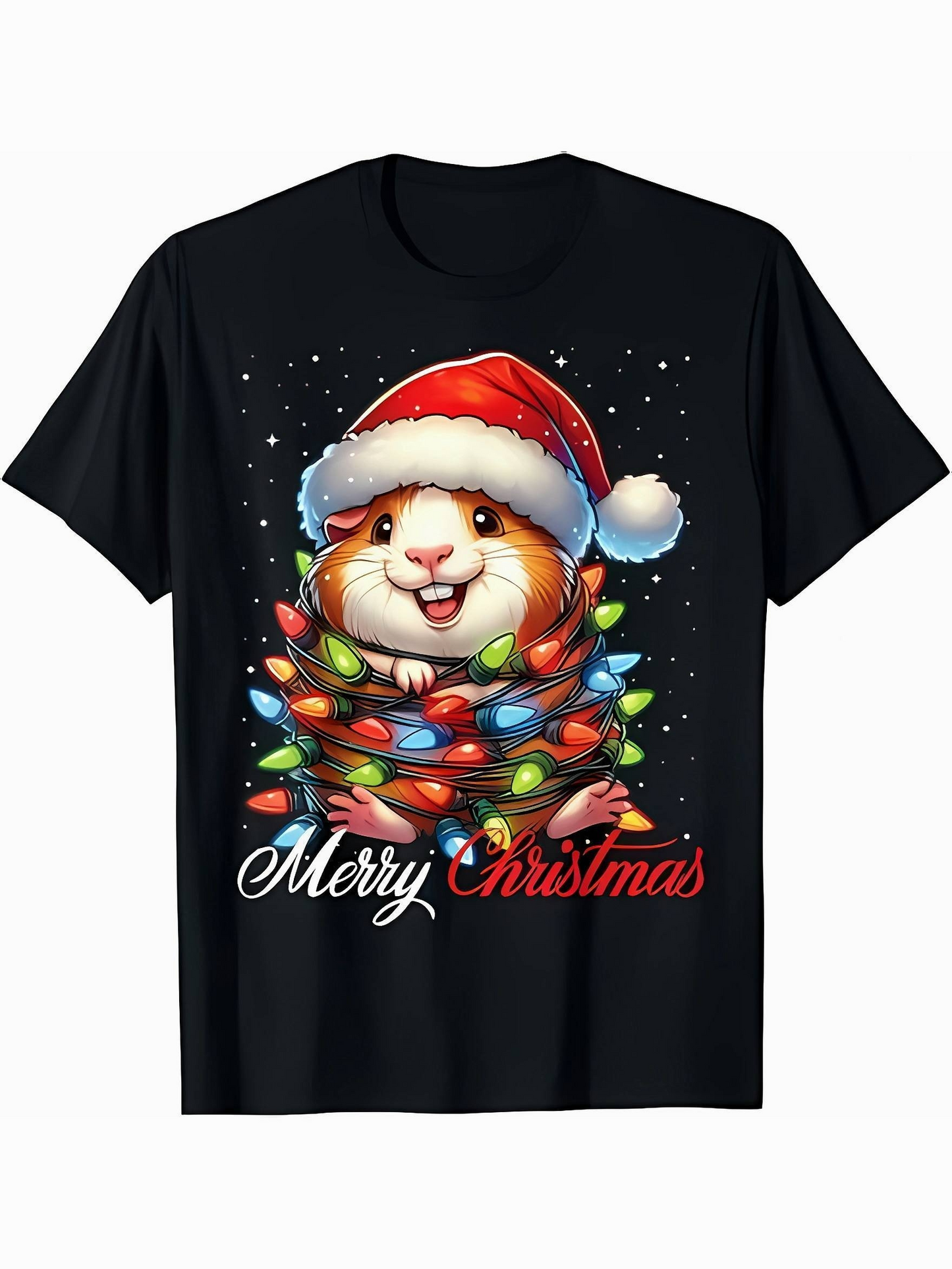 Men's Graphic T-Shirt Merry Christmas Cute Hamster Wrapped In Colorful Holiday Lights Wearing Santa Hat