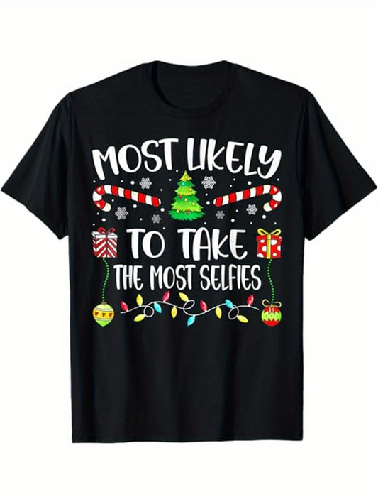 Men's Graphic T-Shirt Most Likely To Take The Most Selfies With Christmas Ornaments And Candy Cane Pattern Tree