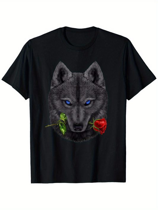 Men's Graphic T-Shirt Blue Eyed Wolf With A Red Rose Between Its Jaws